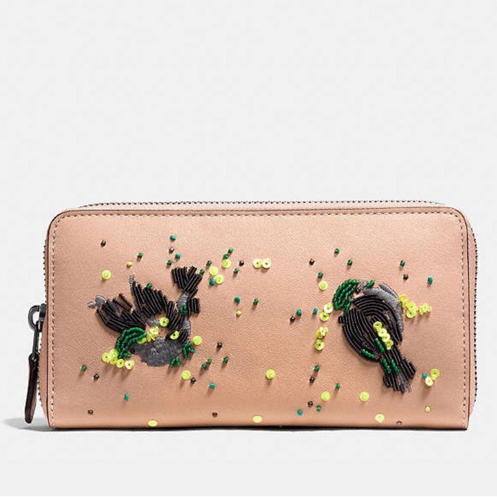 Coach NWT $350 MSRP Beaded Meadowlark Accordion Zip Wallet